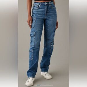 AE Stretch Super High Waisted Baggy Straight Cargo Jean Size 0